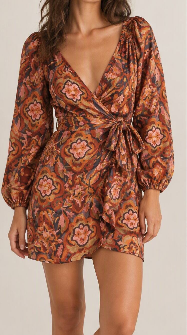 Dress Forum Long Sleeve V-Neck Mini Wrap Dress Rust Orange Medium